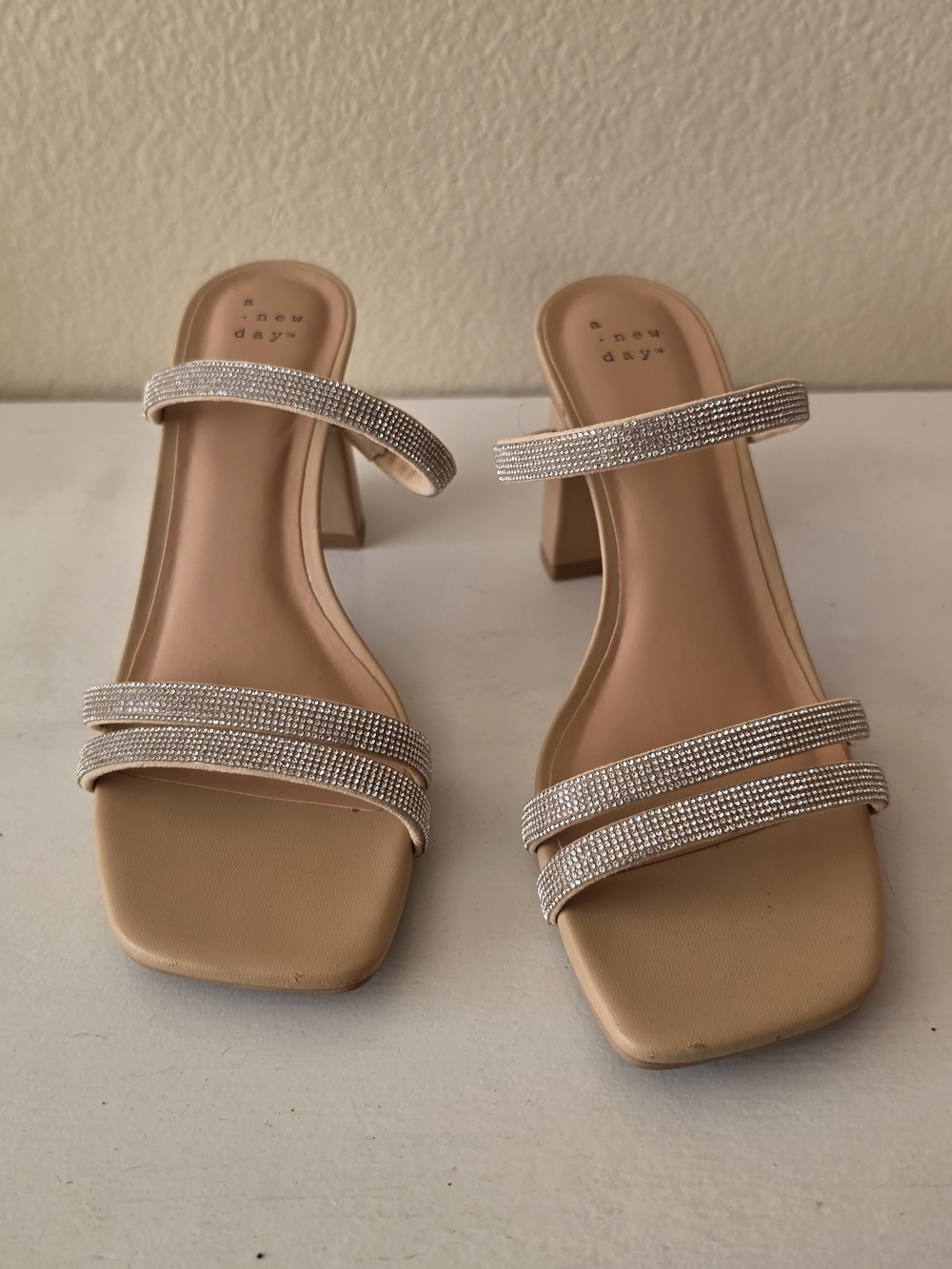 a new day Nude Rhinestone Triple-Strap Block Heel Sandal